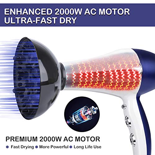 Light Weight Salon Hair Blow Dryer 2000W Low Noise with Powerful Professional Hair Dryer Negative Ionic Ceramic Technology, Quick Drying with AC Motor,2 Speed 3 Heat Settings and Cool Button-WhiteBlue