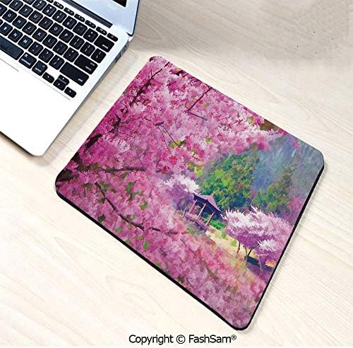 Desk Mat Mouse Pad Landscape with Sakura Flower Distant Mountain Japanese Pavilion Forest Image Print for Office(W9.85xL11.8)