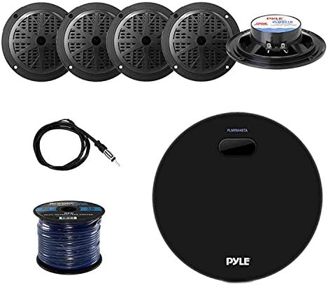 Pyle Marine Bluetooth Water Resistant Amplifier Receiver with Pyle 100W 5.25 Inch 2 Way Marine Speakers (Black) (2-Pairs), Enrock Marine Antenna and Enrock Audio 50 Foot 16-Gauge Speaker Wire
