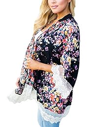 PRETTODAY kimono, blusa de gasa con mangas sueltas, diseño floreado y encaje, para mujer.