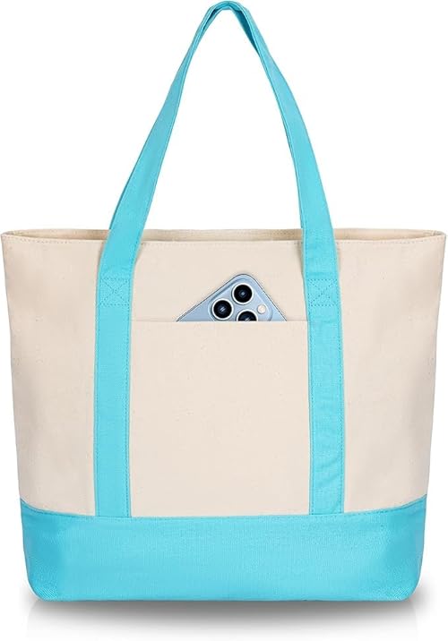OUUTMEE Canvas Tote Bag, Reusable Shopping Bags, Women's Canvas Beach Bag, Large Shoulder Bag with Zipper & an External Pocket for Daily Essentials (Blue)