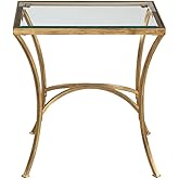 BOWERY HILL Transitional Metal End Table, 24" H x 22" W x 15.5" D, Tempered Glass Top, Gold Leaf Finish, Hand-Forged Iron, Be