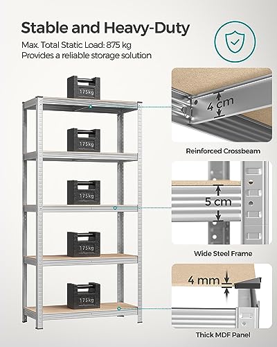 SONGMICS 5-Tier Storage Shelf, Adjustable Boards, Industrial Style, for Kitchen, Living Room, 40 x 90 x 180 cm, 875 kg Capacity, Silver GLR40SV