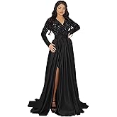 Women’s Sparkly Sequin Split Prom Dresses, Long Sleeves V Neck Satin Formal Evening Party Dresses with Pocket
