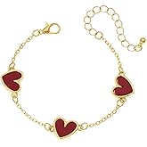 Cute Red Heart Charm Bracelet for Women Ladies 18k Gold-Tone Plated Minimalist Promise Love Handmade Adjustable Chain Link Stackable Bracelets Valentines Accessories Delicate Jewelry for Her Best Friend