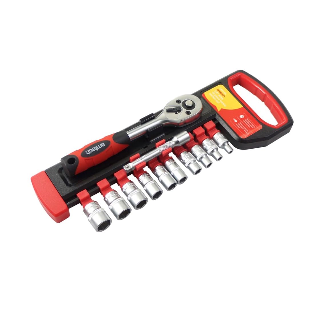 Amtech I0351 Socket Set ¼”, 12pc Chrome Vanadium Steel Metric Wrench Kit, 45 Tooth Ratchet Pack with Quick Release
