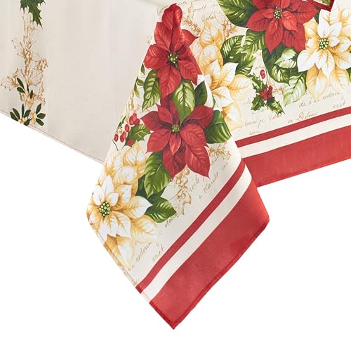 Elrene Home Fashions Red and White Poinsettia Holiday Wrinkle Resistant Fabric Tablecloth, 60 x 102 Rectangle, Multi