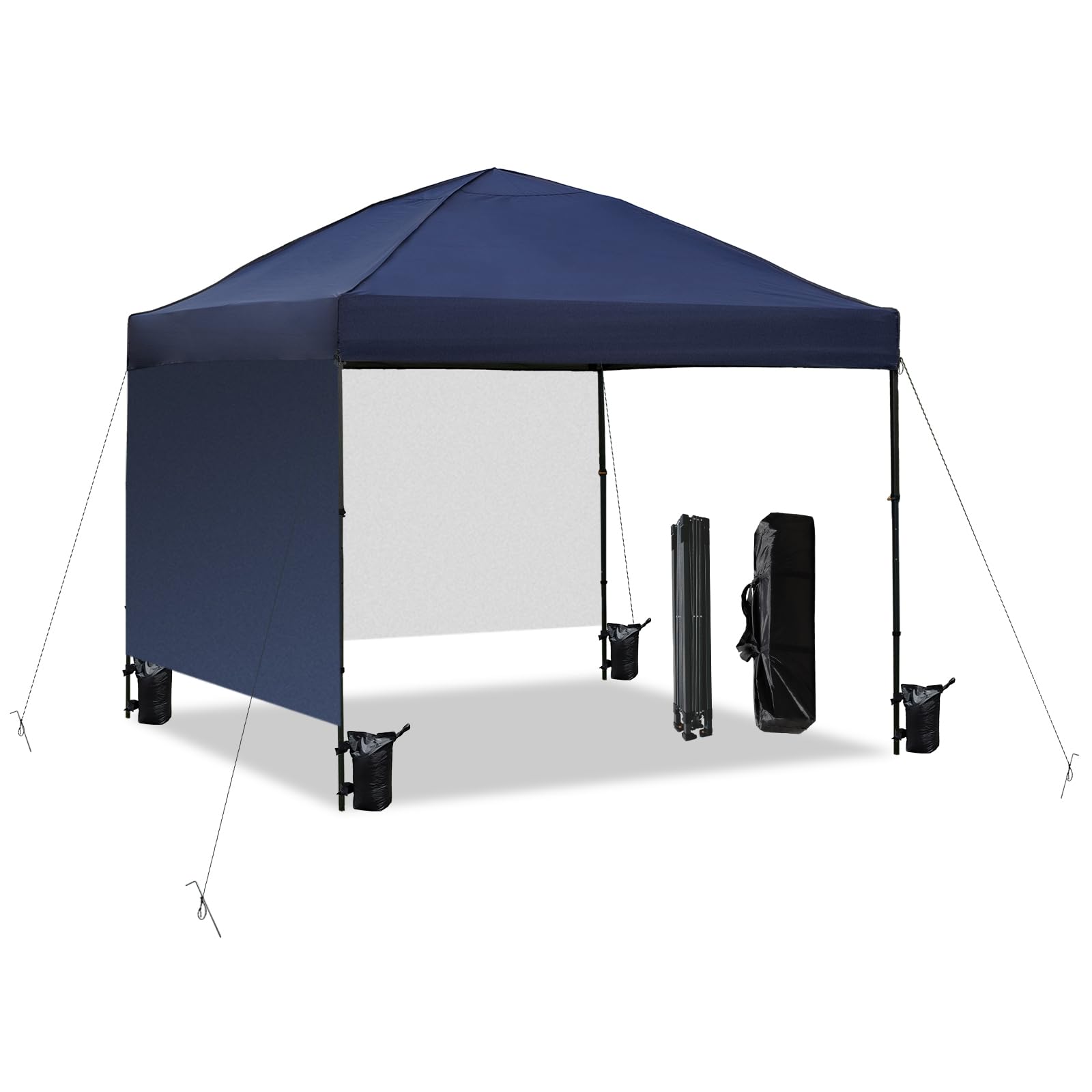Photo 1 of 10x10 Pop Up Canopy Tent with 2 Sidewalls, Easy Up Canopy Upgraded Outdoor Party Sun Shade Tent Portable Gazebo for Beach Camping Events with Carry Bag and 4 Sand Bags (Navy Blue-New)