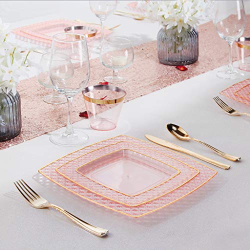 Nervure 150PCS Pink Plastic Plates Pink Gold Square Plastic Plates