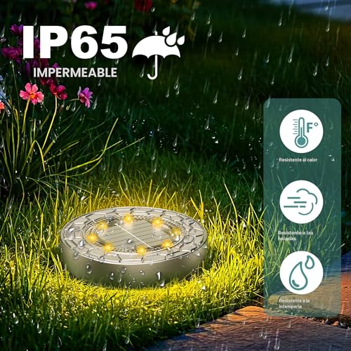 FIFlying 10 Pieces Solar LED Outdoor Garden Lights, 8 LED Solar Lights Outdoor Garden Floor, Stainless Steel, LED Solar Garden Lights for Lawn, Path, Sidewalk, Patio, Warm White