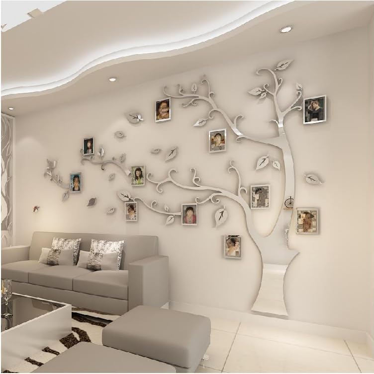 Purekay Large 3D Tree Sticker Wall Stickers, DIY Photo Frames Wall Stickers for Bedroom Living Room Office Sofa TV Kitchen Wall Decoration (Mirror Silver Right, L)