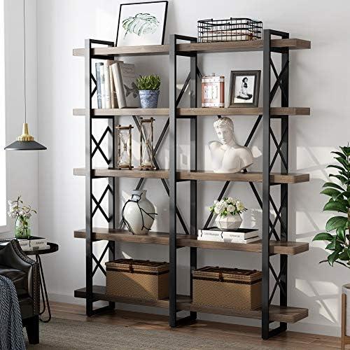 LITTLE TREE 5-Tier Double Large Open Bookcase, Stable Wooden Industrial Massive Metallic Bookcases Furnishings, Classic 5 Shelf Bookshelf Etagere Ebook Cabinets for Residence Workplace Decor Show, Retro Brown