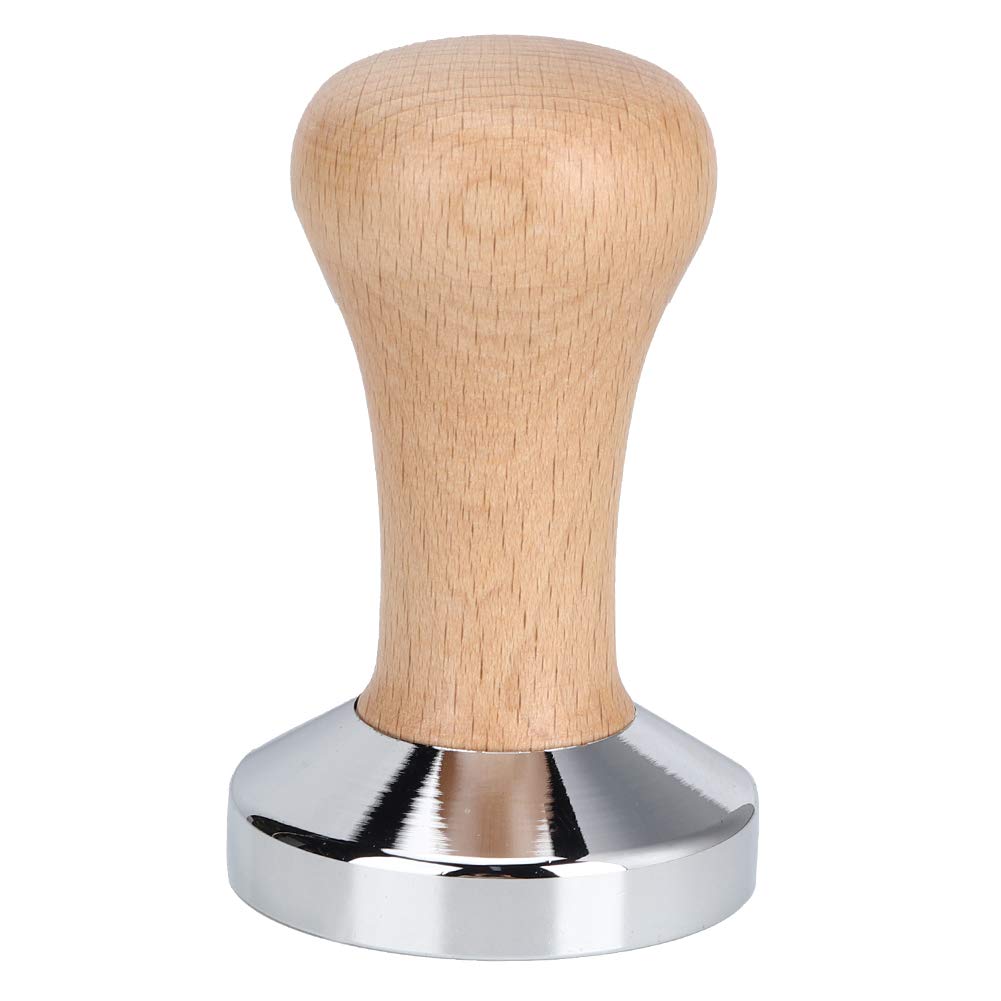 Coffee Tamper, 60MM Stainless Steel Calibrated Espresso Tamper Reusable Coffee Powder Press Hammer Refillable Accessories Flat Base with Ergonomics Wooden Handle for Home Office Shop Barista Machines