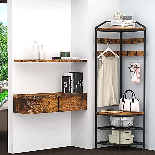 GiftGo Vintage Corner Hall Tree with Shoe Bench Entryway Coat Rack with 10 Metal Movable Hooks