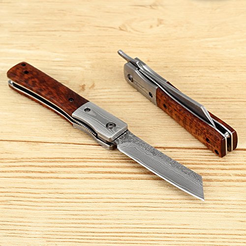 KATSU Handmade Damascus Steel Japanese Razor Pocket Folding Knife with