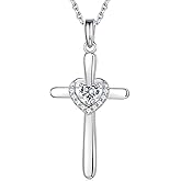 Iefil Cross Necklace for Women - 925 Sterling Silver Heart Cross Necklace Birthstone Jewelry Gifts for Women Wife Mom Girlfriend