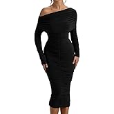 LAGSHIAN Women's Elegant Bodycon Long Sleeve Midi Dress Fall Off The Shoulder Ruched Cocktail Party Dresses