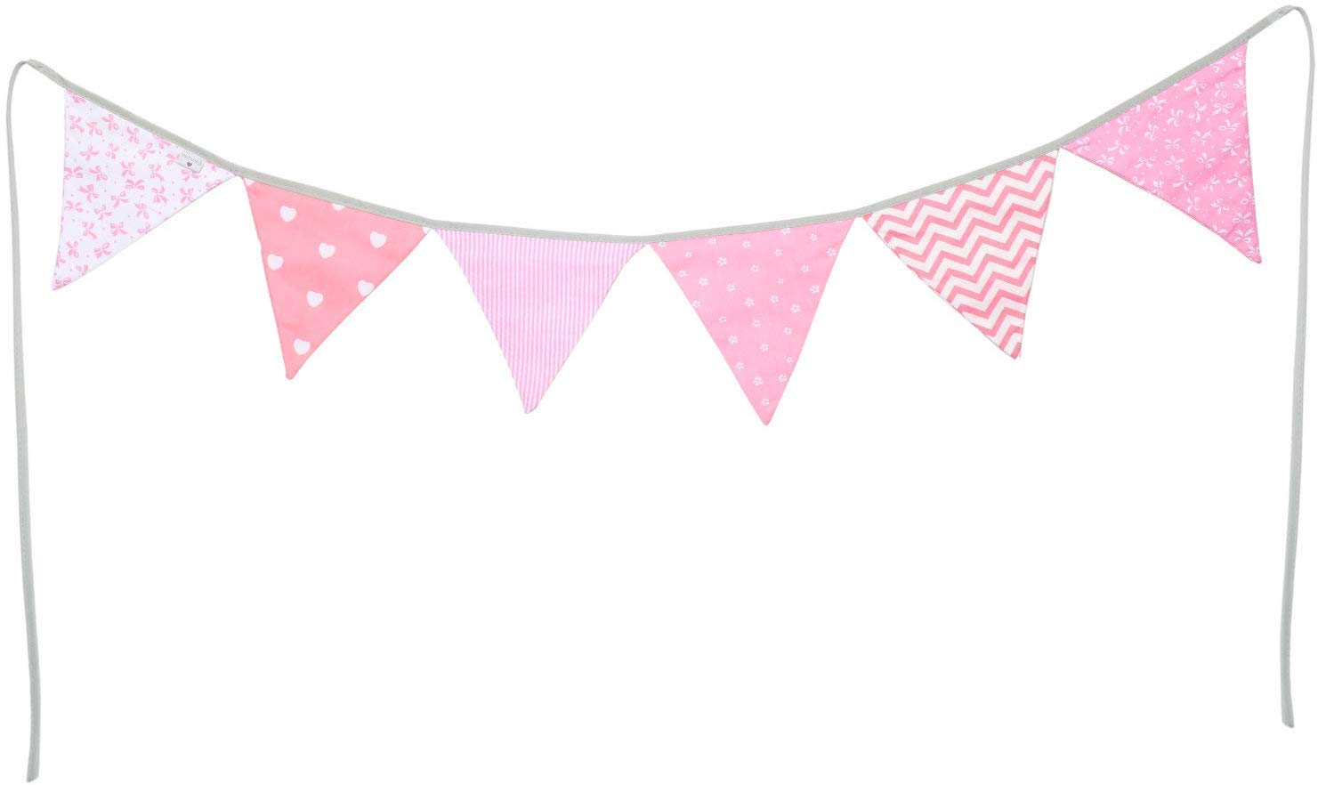 PREMYO Fabric Bunting Flags - Baby Shower Decorations Girls Nursery - Colourful Double Sided Banner Pink