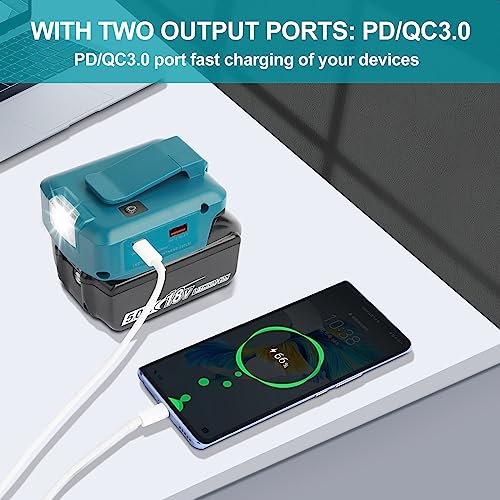 QUPERR ADP05 USB Battery Adapter Compatible with Makita Batteries 18V/14.4V | With USB-A and USB-C charging ports, 12V DC output and built-in LED work light (adapter only)