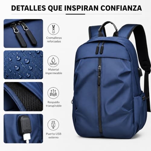 Mochila Impermeable 35L para Hombre con Puerto USB y Compartimento para Laptop 16", Ligera y Ajustable para Viaje | Múltiples Bolsillos, Ideal para Trabajo, Universidad y Uso Diario