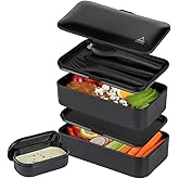 Restaurantware Bento Tek 40.5 Ounces Stackable Lunch Box 1 Reusable Adult Lunch Container - With Utensils Included Sauce Cup Black Plastic Layered Lunch Box Microwavable Dishwashable