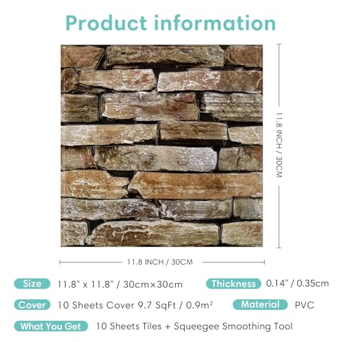 Commomy 10pcs Faux Stone 3D Wall Panels - 11.8" x 11.8"Self Adhesive Wall Tiles Lightweight Thin PVC Brick Stone Wallpaper for Interior Kitchen,Bedroom,Living Room,Fireplace