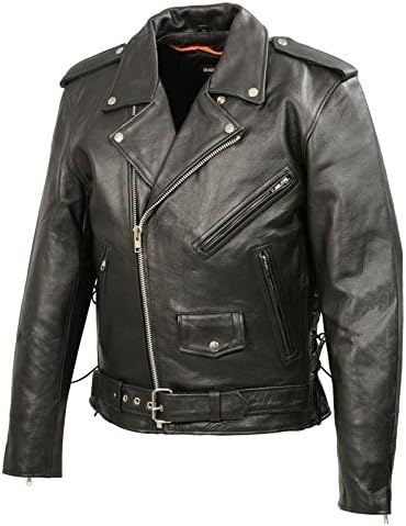 Men’s Leather Motorcycle Jacket | Premium Natural Buffalo Leather | 2 Concealed Carry Gun Pockets | Adjustable Side Lace Biker Jacket with Patch Access Lining (Black, 8XL)