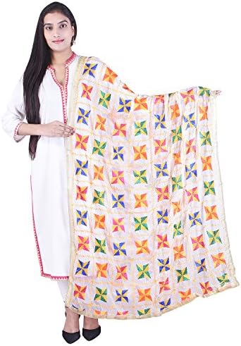 SHOP FRENZY Punjabi Hand Embroidery Phulkari Faux Chiffon Dupatta, Stoles for Women & Girls (White)