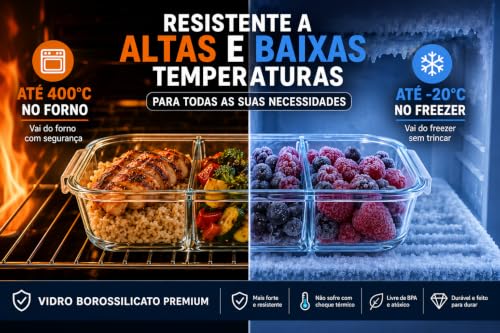 Pote Marmita de Vidro Borossilicato com Divisória | Hermético 2 Compartimentos 1040ml | Freezer Micro-ondas Livre BPA