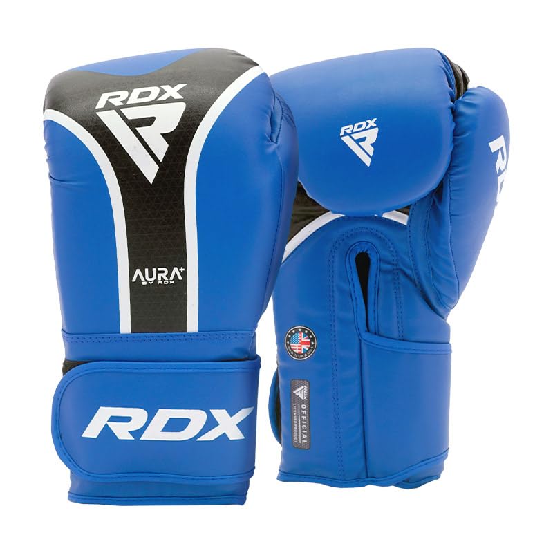 RDX Aura Plus T-17 Boxing Gloves – Maya Hide Leather, MG-3 Padding & Max-Shock Foam for Training, Sparring, Kickboxing & Muay Thai – Quick-EZ Strap – Blue 10 Oz