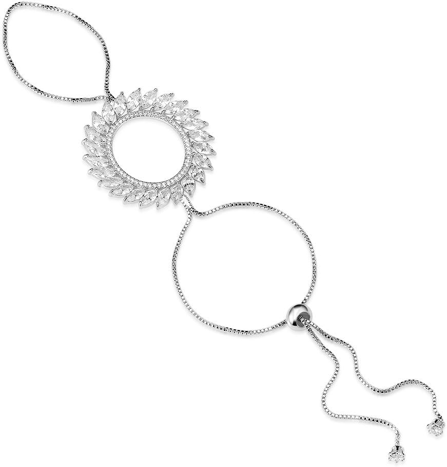 dnswez CZ Cubic Zirconia Big Circles Slave Chain Link Finger Ring Hand Rings for Women