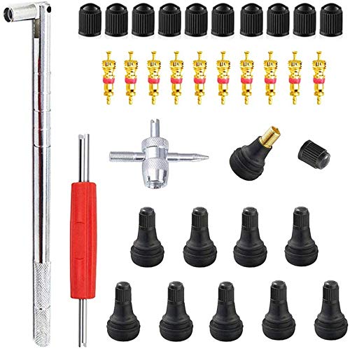 GTIWUNG Tyre Valve Stem Puller Tools Set, 10 Pcs TR413 Tubeless Snap-in Valve Stems with Valve Stem Cores, 1 Pcs Dual Head Valve Core Remover, 1 Pcs 4-Way Valve Tool