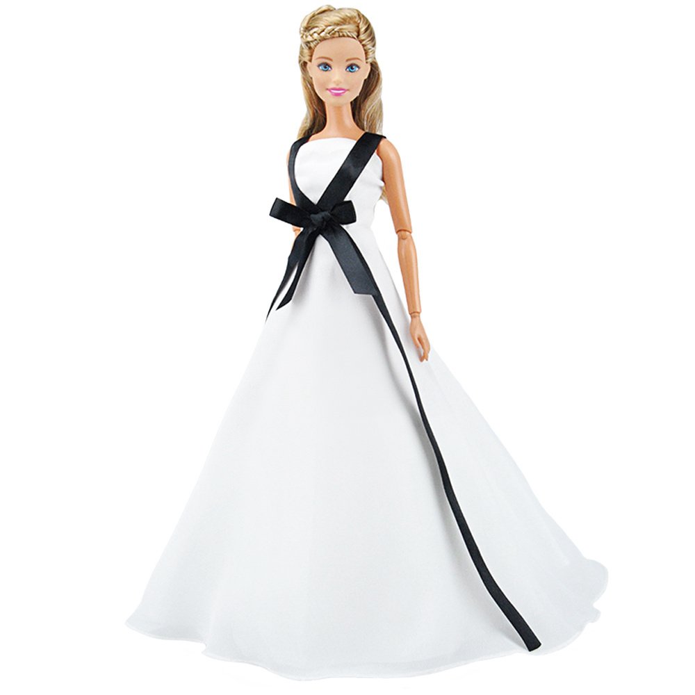 E-TING Barbie Fashionista Wedding Party Dress Handmade Clothing for Barbie Doll (Black Ribbon White Wedding Dress)