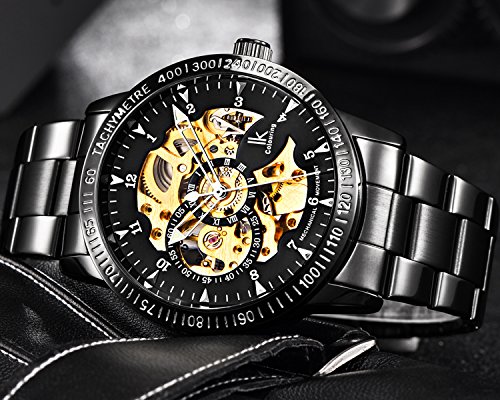 GuTe IK Casual Mens Black Steel Skeleton Automatic Mechanical Wristwatch Golden Dial Tachymeter
