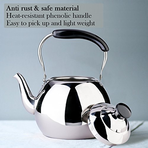 Stainless Steel Tea Kettle Whistle for Stovetop, Mirror Finish Surface, Bakelite Handle Fast Boiling FLH 2 Quart