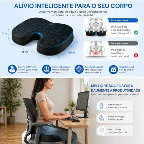 Gavzrt Almofada Ortopédica para Cóccix em Espuma Viscoelástica - Assento Ergonômico Formato U para Cadeira de Escritório e Carro, Almofada Coccix