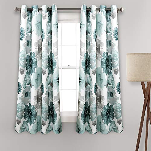 Lush Decor Leah Light Filtering Window Curtain Panels, Pair, 52 W x 63 L, Blue - Floral Curtains - Colorful Spring Watercolor Flowers - Short Curtains for Bedroom, Living Room & Dining Room