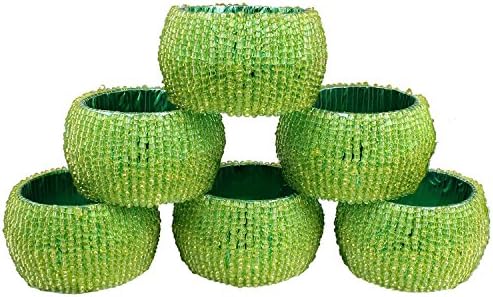 Napkin Rings Set of 6 - Elegance Beaded Round Napkin Rings Green - Handcrafted Napkin for Cloth Napkin - Dia 1.5 Inches