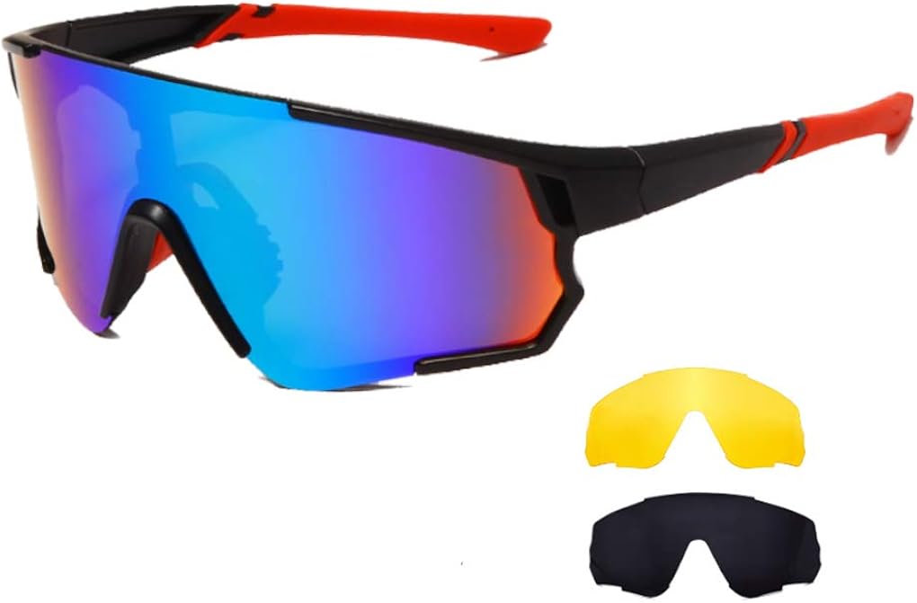 Long Keeper Cycling Glasses with 3 Interchangeable Lenses Polarised Sport Sunglasses Anti-UV400 Windproof Cycling MTB Goggles for Men Women (Grey+Yellow+Green)