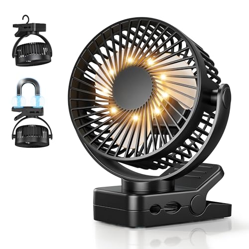 Orvyna USB Rechargeable Portable Fan 12000mAh 4 in 1 Magnetic Clamp Table Fan with Remote 3 Speeds LED Light Timer 360°, Desktop Fan for Car Camping Baby Cart, Black