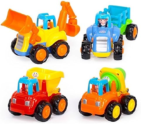 FanBell Friction Powered Cars Push and Go Car Construction Vehicles Toys Set of 4 Tractor,Bulldozer,Cement Mixer Truck,Dumper Push Back Cartoon Play Toy Trucks for Kids Gift