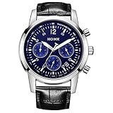 HOWK Business Casual Mens Date Multifunctional Quartz Wrist Watch Blue Dial Black Leather Strap