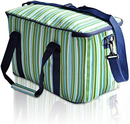 LUYADA 36 Can Large Picnic Cooler Bag Lunch Bag, Green &amp; Sapphire Stripe
