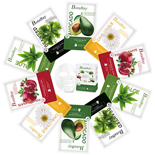 Botabay Organic Face Mask Sheet for Sensitive Skin Korean Hydrating Facial Sheet Mask Natural Plant Essence Mask Sheet Pack Alcohol-Free,10Pcs