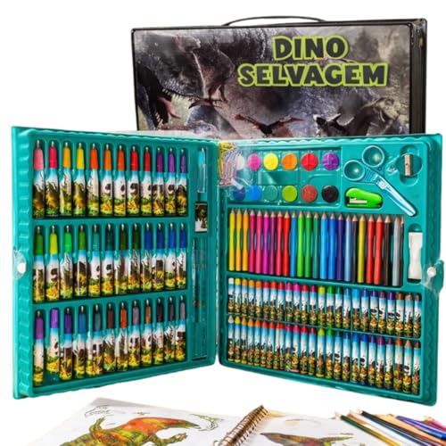Maleta de Pintura Infantil 150 Itens Dinossauro Desenho Arte Material Escolar Presente para Crianças Dino