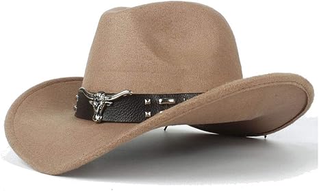 Amazon Co Jp Hubingrong 女性のファッションカウボーイハット快適なダコタクラッシャブルウールフェルト西洋牛ヘッド装飾カウボーイカジュアルハット 色 ベージュ サイズ 56 58cm ホーム キッチン