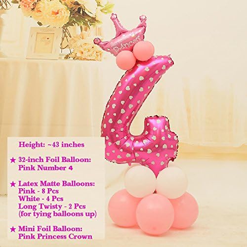 PlayAge Children Birthday Party Number Balloon Set - 16 PCS Set (4, Girl Pink)