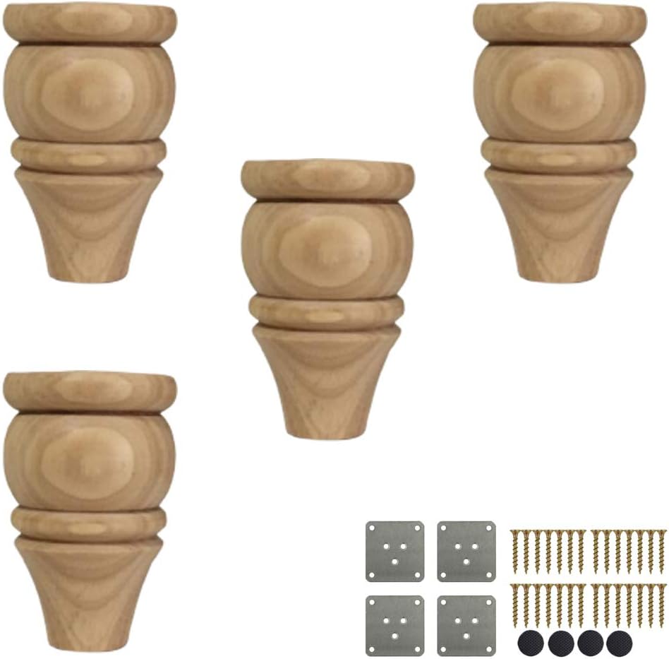 4pcs Solid Wood Furniture Legs, Wooden Bun Feet, Round Replacement Sofa Feet, with Mounting