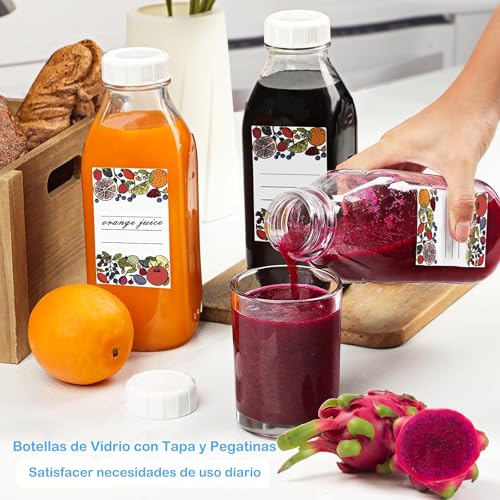 BYKNTEA 2 Piezas Botella de Vidrio para Leche con Tapa 1 Litro, 2 Tetinas y Adhesivo Antideslizante, Fácil de Limpiar, Jarra de Vidrio Grado Alimenticio para Jugo, Miel, Café