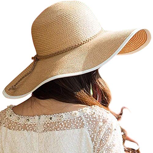 DRESHOWBeach Hats for Women Big Straw Wide Brim Summer Hat Floppy Foldable Roll up Cap Sun Hat UPF 50+